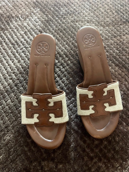 Tory Burch Shoes - Tory Burch Brown Leather and Cream Canvas Logo Slide Mules
